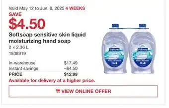 Costco Softsoap sensitive skin liquid moisturizing hand soap offer