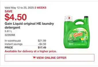 Costco Gain Liquid original HE laundry detergent offer