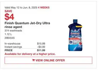 Costco Finish Quantum Jet-Dry Ultra rinse agent offer