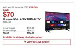 Costco Hisense 58-in A6KV UHD 4K TV offer