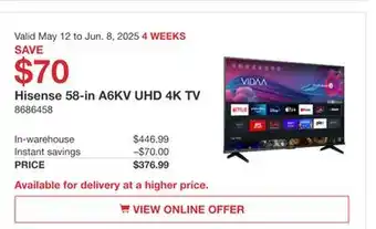 Costco Hisense 58-in A6KV UHD 4K TV offer