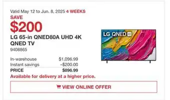 Costco LG 65-in QNED80A UHD 4K QNED TV offer