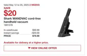 Costco Shark WANDVAC cord-free handheld vacuum offer
