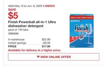 Costco Finish Powerball all-in-1 Ultra dishwasher detergent offer
