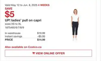 Costco UP! ladies' pull on capri offer