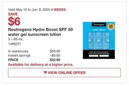 Costco Neutrogena Hydro Boost SPF 50 water gel sunscreen lotion offer