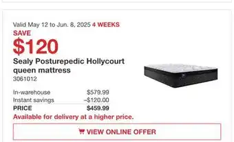Costco Sealy Posturpedic Holly court queen mattress offer