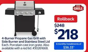 Walmart 4-Burner Propane Gas Grill with Side Burner and Stainless Steel Lid offer