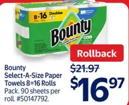 Walmart Bounty Select-A-Size Paper Towels 8=16 Rolls offer