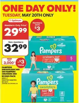 Real Canadian Superstore PAMPERS SWADDLERS 360 OR PAMPERS CRUISERS 360 ECONO PACK, SIZE - 132' S, 66-132'S offer