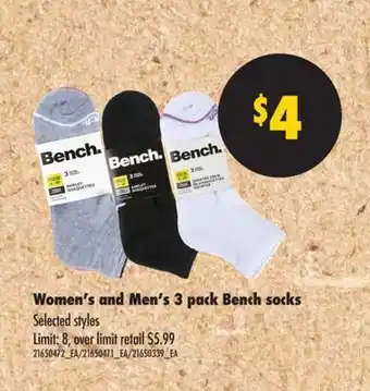 Real Canadian Superstore WOMEN'S AND MEN'S 3 PACK BENCH SOCKS offer