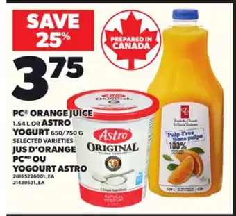 Independent Grocer PC ORANGE JUICE , 1.54 L OR ASTRO YOGURT 650/750 offer