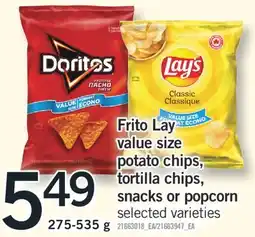 Fortinos FRITO LAY VALUE SIZE POTATO CHIPS, TORTILLA CHIPS, SNACKS OR POPCORN offer