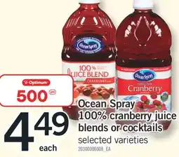 Fortinos OCEAN SPRAY 100% CRANBERRY JUICE BLENDS OR COCKTAILS offer