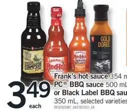 Fortinos FRANK'S HOT SAUCE 354 ML, PC BBQ SAUCE 500 ML OR BLACK LABEL BBQ SAUCE 350 ML offer