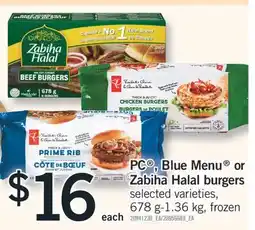 Fortinos PC , BLUE MENU OR ZABIHA HALAL BURGERS, 678 g-1.36 kg offer