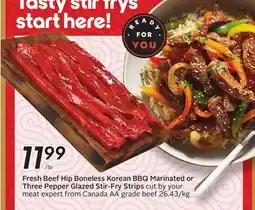 Sobeys Fresh Beef Hip Boneless Korean BBQ Marinated or Three Pepper Glazed Stir-Fry Strips offer