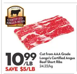 Longo's Cut from AAA Grade Longo's Certified Angus Beef Short Ribs offer