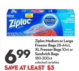 Longo's Ziploc Medium or Large Freezer Bags 28-44ct, XL Freezer Bags 10ct or Sandwich Bags 180-200ct offer