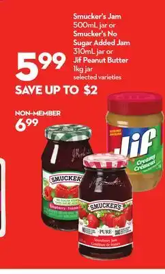 Longo's Smucker's Jam 500mL jar or Smucker's No Sugar Added Jam 310mL jar or Jif Peanut Butter 1kg jar offer