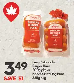 Longo's Brioche Burger Buns 200g pkg or Brioche Hot Dog Buns 385g pkg offer