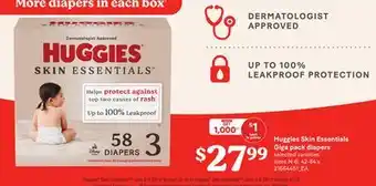 Loblaws HUGGIES SKIN ESSENTIALS GIGA PACK DIAPERS, sizes N-6, 42-84'S offer