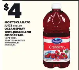 Loblaws MOTT'S CLAMATO JUICE, 1.89 L OR OCEAN SPRAY 100% JUICE BLEND OR COCKTAIL, 1.77-1.89 L offer