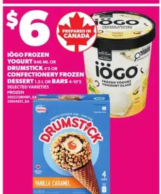 Loblaws IÖGO FROZEN YOGURT, 946 ML OR DRUMSTICK, 4'S OR CONFECTIONERY FROZEN DESSERT, 1.5 L OR BARS, 4-10'S offer