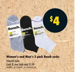 No Frills WOMEN'S AND MEN'S 3 PACK BENCH SOCKS offer