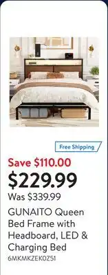 Walmart GUNAITO Queen Bed Frame with Headboard, LED & Charging Bed offer