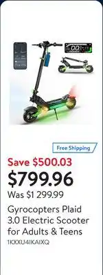 Walmart Gyrocopters Plaid 3.0 Electric Scooter for Adults & Teens offer