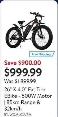 Walmart 26 X 4.0 Fat Tire EBike - 500W Motor | 85km Range & 32km/h offer