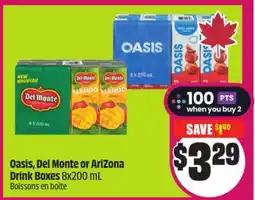 Chalo FreshCo Oasis, Del Monte or AriZona Drink Boxes offer
