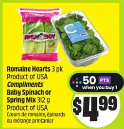 FreshCo Romaine Hearts 3pk Product of USA Compliments Baby Spinach or Spring Mix 312g Product of USA offer