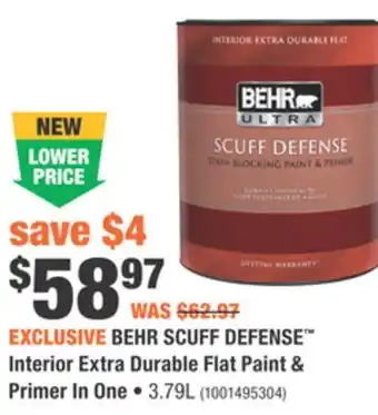 Home Depot BEHR SCUFF DEFENSE Interior Extra Durable Flat Paint & Primer in One offer