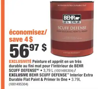 Home Depot BEHR SCUFF DEFENSE Interior Extra Durable Flat Paint & Primer In one offer