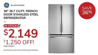 Goemans Appliances GE Appliances 36 26.7 CU. FT. FRENCH DOOR STAINLESS STEEL REFRIGERATOR offer