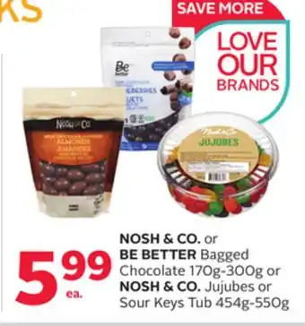 Rexall NOSH & CO. or BE BETTER Bagged Chocolate 170g-300g or NOSH & CO. Jujubes or Sour Keys Tub 454g-550g offer