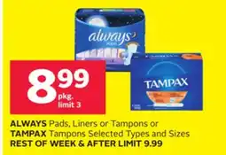 Rexall ALWAYS Pads, Liners or Tampons or TAMPAX Tampons offer