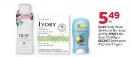 Rexall OLAY Body Wash 364mL or Bar Soap 4x90g, IVORY Bar Soap 10x90g or SECRET Deodorant 45g offer