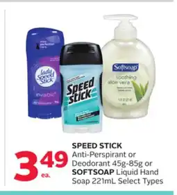 Rexall SPEED STICK Anti-Perspirant or Deodorant 45g-85g or SOFTSOAP Liquid Hand Soap 221mL offer