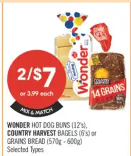 Shoppers Drug Mart WONDER HOT DOG BUNS (12's), COUNTRY HARVEST BAGELS (6'S) or GRAINS BREAD (570g-600g) offer