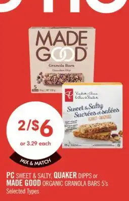 Shoppers Drug Mart PC SWEET & SALTY, QUAKER DIPPS or MADE GOOD ORGANIC GRANOLA BARS offer