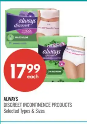 Shoppers Drug Mart ALWAYS DISCREET INCONTINENCE PRODUCTS offer