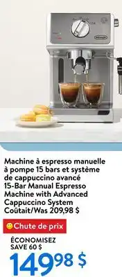 Walmart De'Longhi 15-Bar Manual Espresso Machine with Advanced Cappuccino System offer