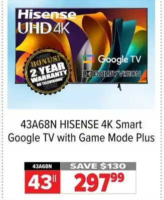 2001 Audio Video HISENSE 43 4K Smart Google TV with Game Mode Plus offer
