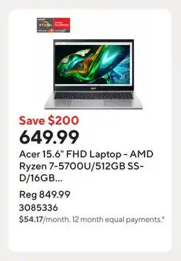 Staples Acer 15.6 FHD Laptop - AMD Ryzen 7-5700U/512GB SSD/16GB RAM/Windows 11 offer