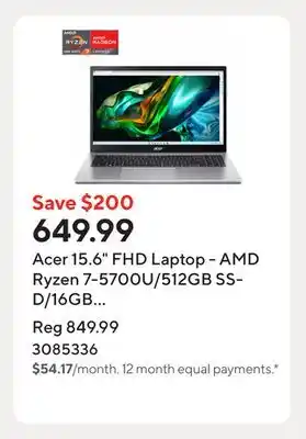 Staples Acer 15.6 FHD Laptop - AMD Ryzen 7-5700U/512GB SSD/16GB RAM/Windows 11 offer