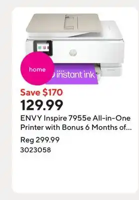 Staples ENVY Inspire 7955e All-in-One Printer with Bonus 6 Months of Instant Ink with HP+ offer