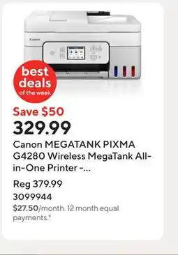 Staples Canon MEGATANK PIXMA G4280 Wireless MegaTank All-in-One Printer - White offer